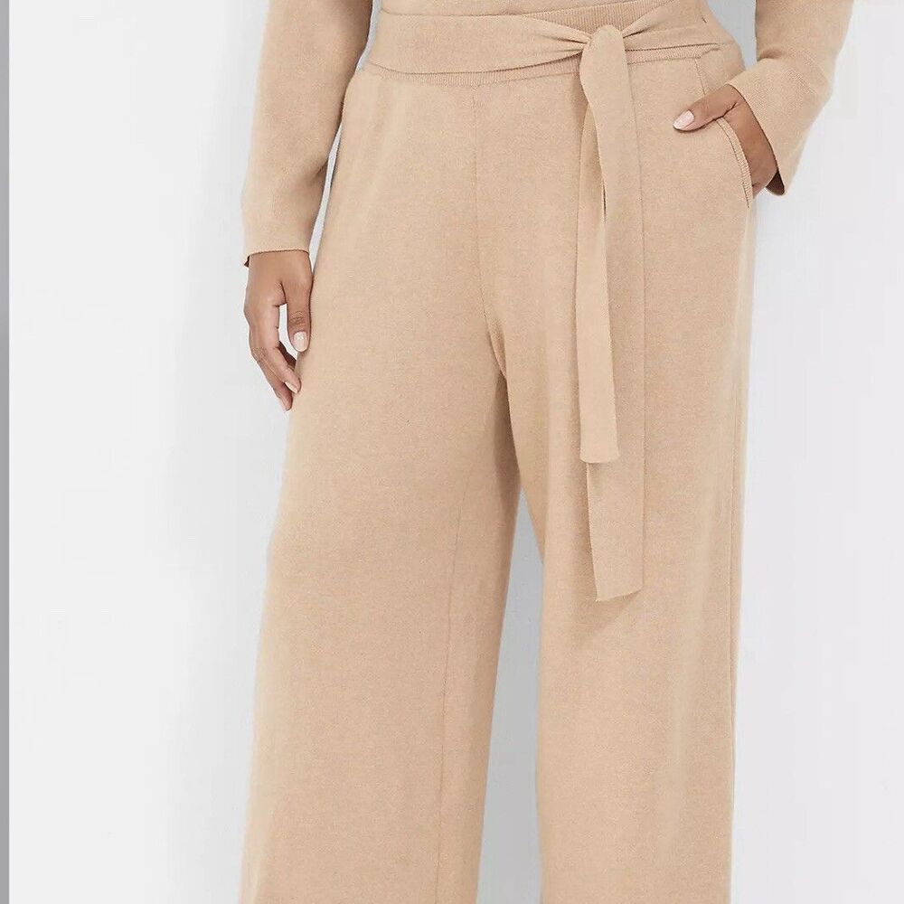 Lane Bryant Sweater Knit Wide Leg Pants 22P Tan Pull On Tie Waist Plus Petite